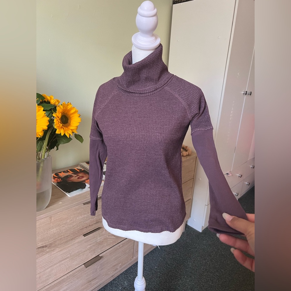 Purple Waffle Knit Turtleneck Cotton Sweater Ribbed Sleeve Lightweight Shirt M